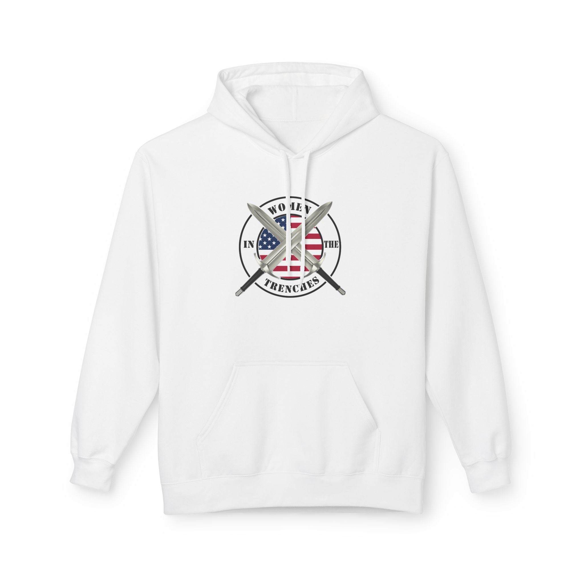 American Flag Trenchcoat Logo Hoodie | Crossed Shovels Military Emblem