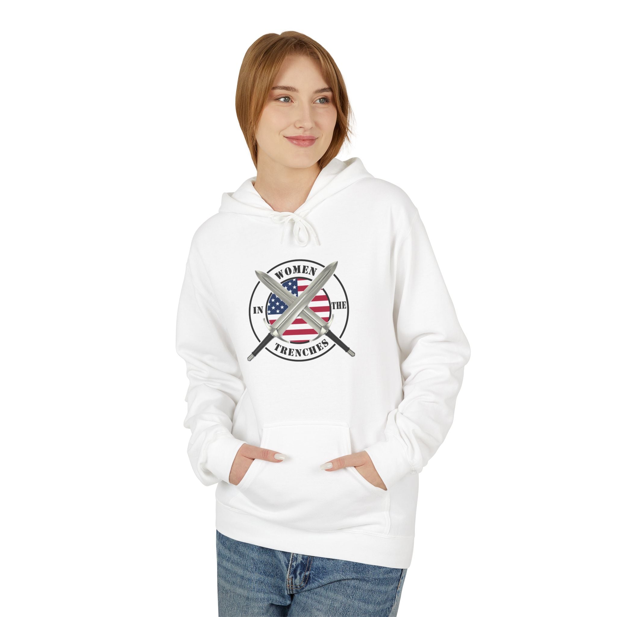 American Flag Trenchcoat Logo Hoodie | Crossed Shovels Military Emblem