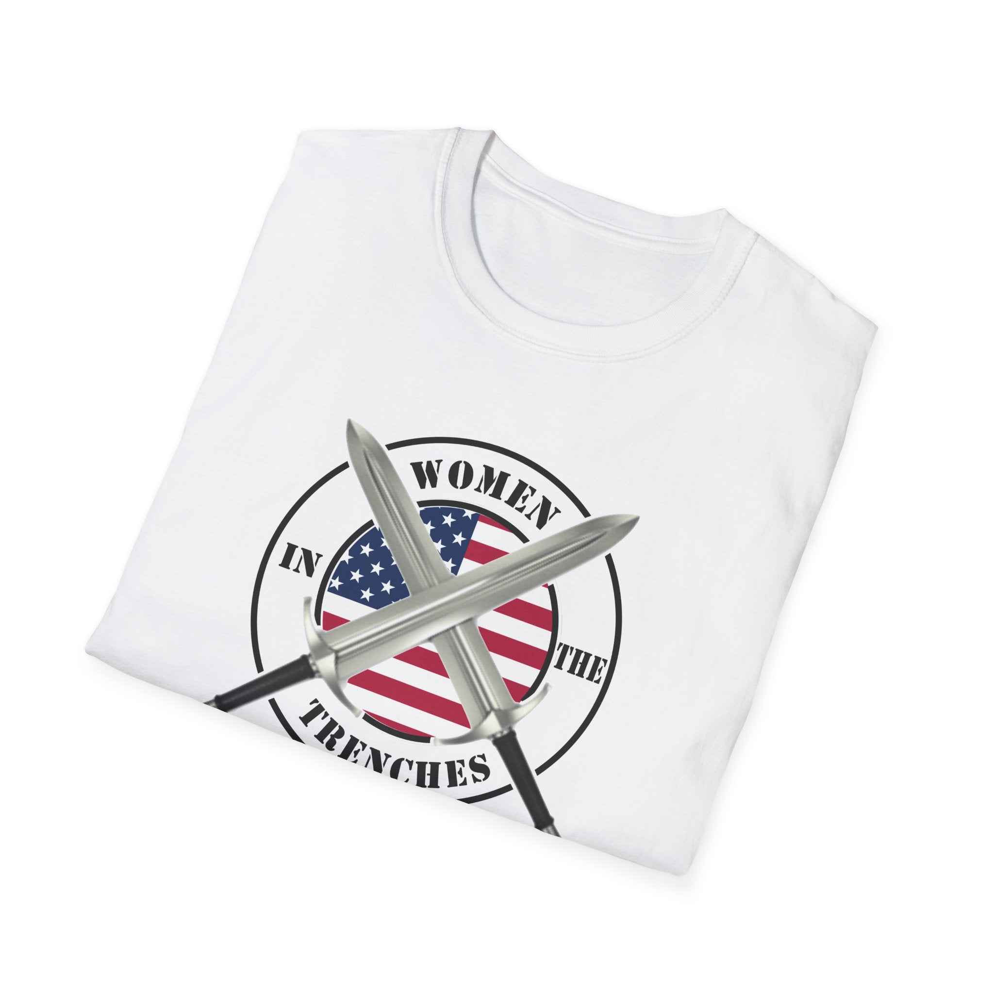 Women in the Trenches Arise To Battle T-Shirt | American Flag Shield, Crossed Bayonets